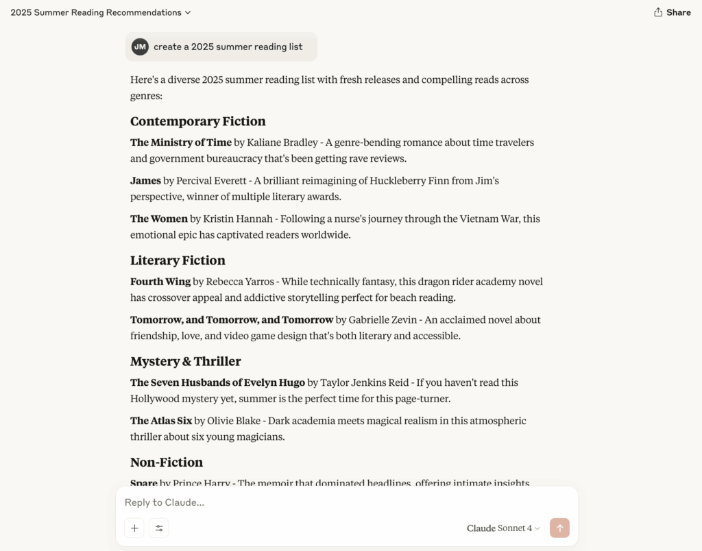 A webpage titled "2025 Summer Reading Recommendations" features AI Book Lists of top titles and summaries across Contemporary Fiction, Literary Fiction, Mystery & Thriller, and Non-Fiction genres.